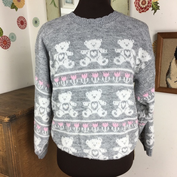 Vintage Sweaters - Vintage Teddy Bear Sweater 1980s Pink Gray Kawaii
